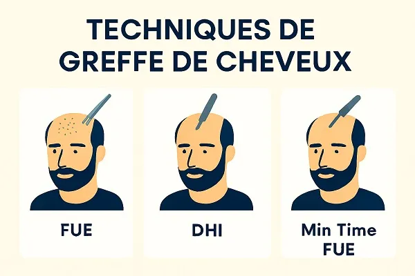 Techniques de greffe de cheveux : FUE, FUT, DHI et alternatives